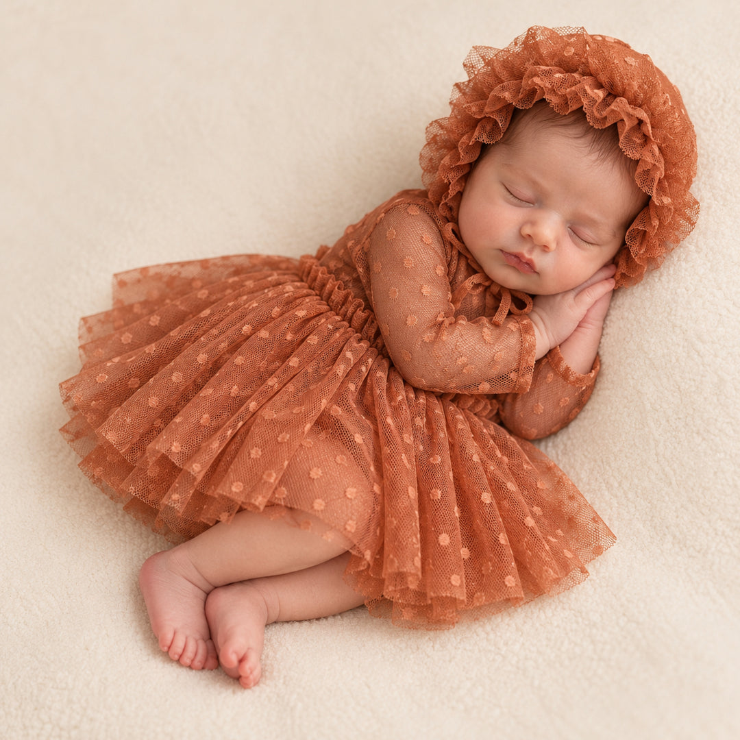 Newborn Rust Red Tulle Dress & Hat Set