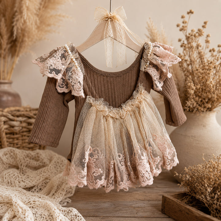 Stretch Ribbed Pink Wide Tulle Ruffle Newborn Dress