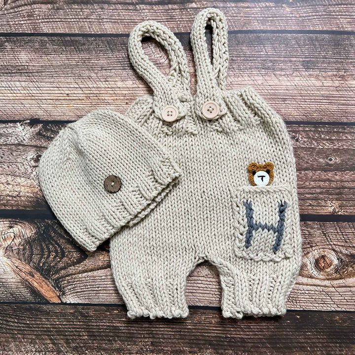 Bear Pocket Suspender Pants & Beanie Hat Set