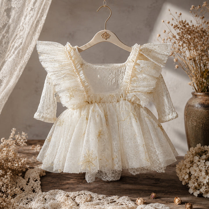 Tulle Gold Thread Embroidery Ruffle Newborn Dress