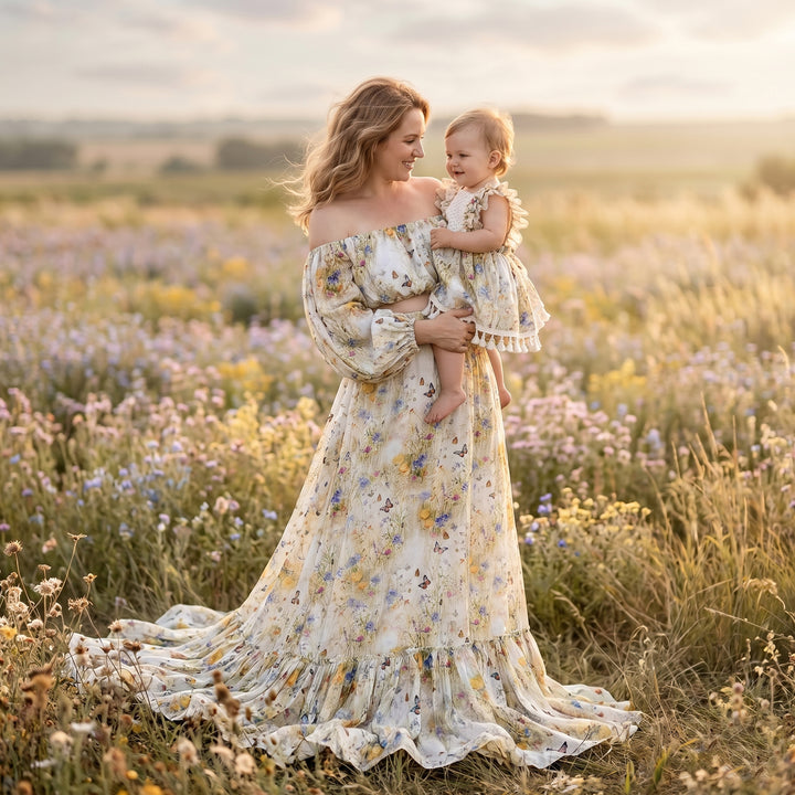 A woman in an Aurelia floral and butterfly print off-shoulder gown holds a baby standing in a flower field; the background features wildflowers and grass.