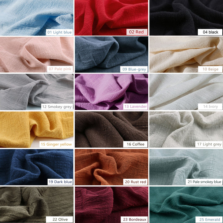 A grid of fabric swatches in various colors is displayed, with corresponding English names and numbers below each swatch.This is a Freda dress color options reference image rather than a single product photo, so subject type is Color Swatch.