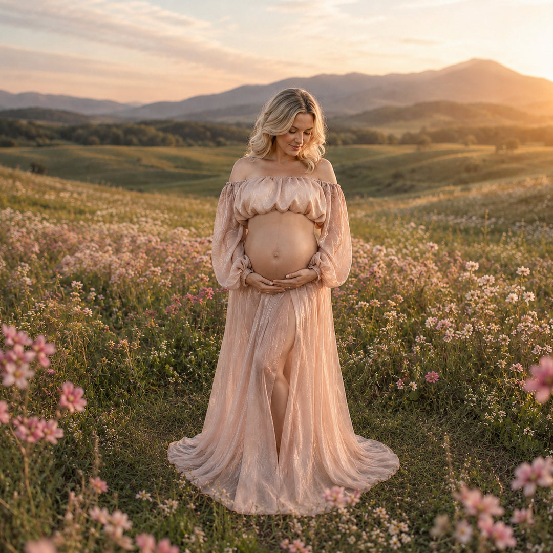 A pregnant woman stands in a flower field wearing a Hecate off-shoulder chiffon gown, holding her belly; the dress features lantern sleeves and a front slit.